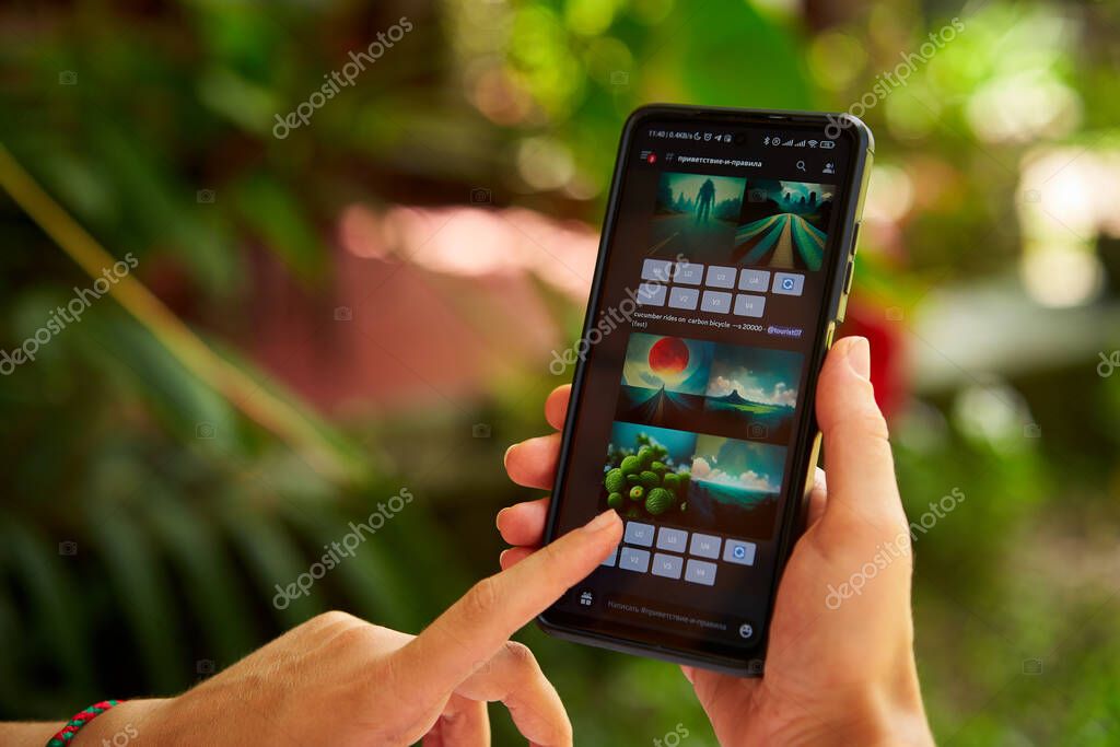 February 5, 2023, Mirissa, Sri Lanka. Using Midjourney on phone. Woman creates images from textual descriptions with photo generator. Person creating pictures via neural network online close-up.