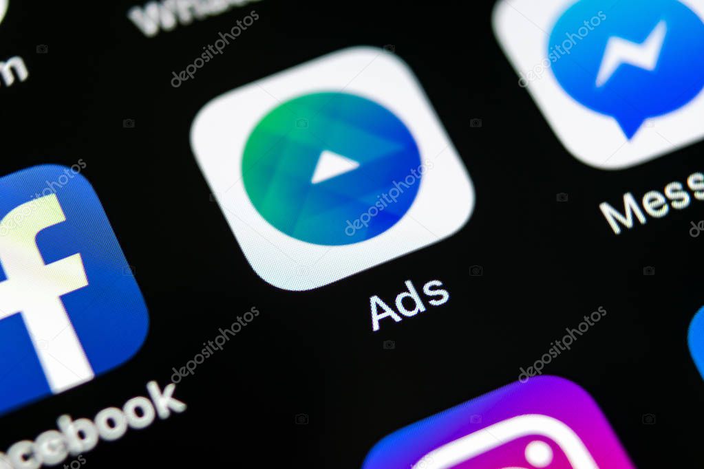 Sankt-Petersburg, Russia, May 10, 2018: Facebook Ads application icon on Apple iPhone X screen close-up. Facebook Business app icon. Facebook Ads mobile application. Social media network