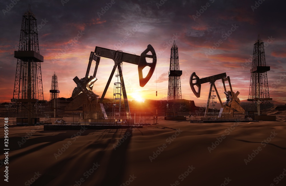 Saudi price war, oil market prices drop concept. Oil pumps, drilling derricks from oil field silhouette at sunset. Crude oil industry, petroleum production 3D background with pump jacks, drill rigs