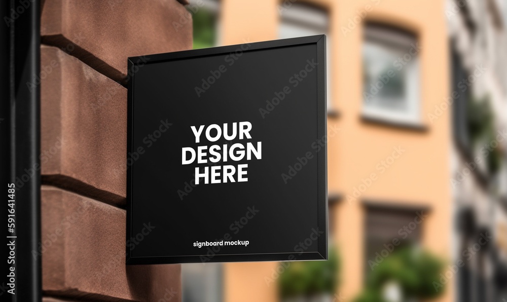Black square signboard mockup in outside for logo design, brand presentation for companies, ad, advertising, shops.