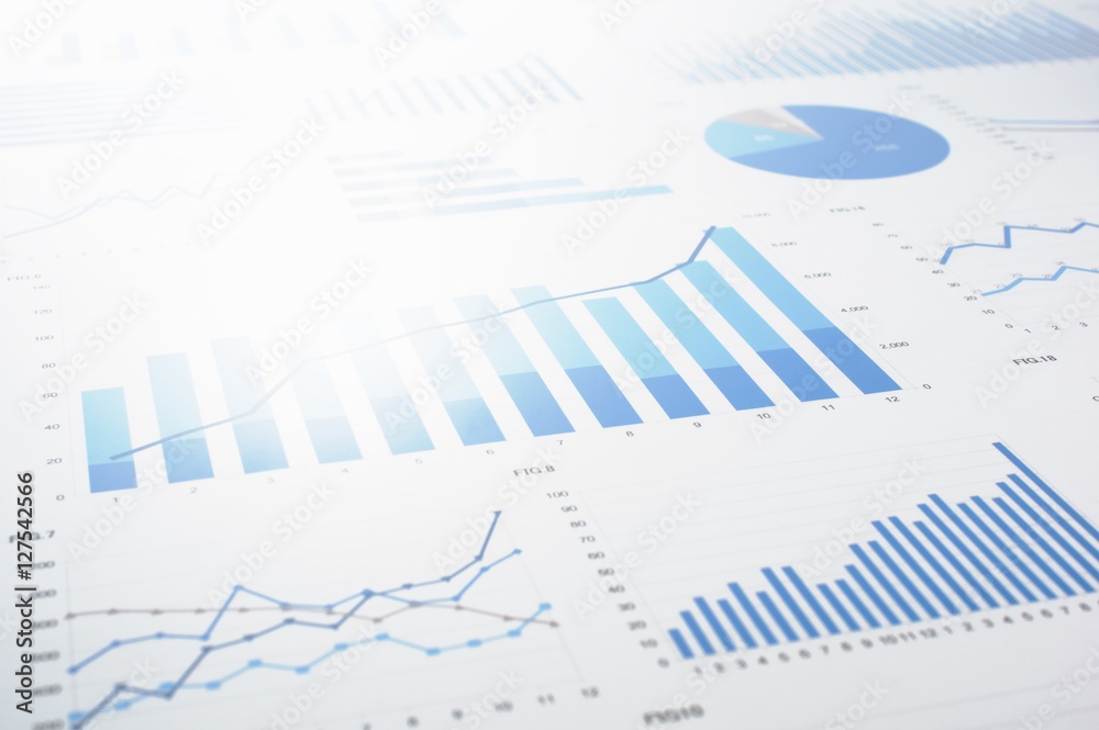 Many charts and graphs. Reflection light and flare.　Concept image of data gathering and statistical working.