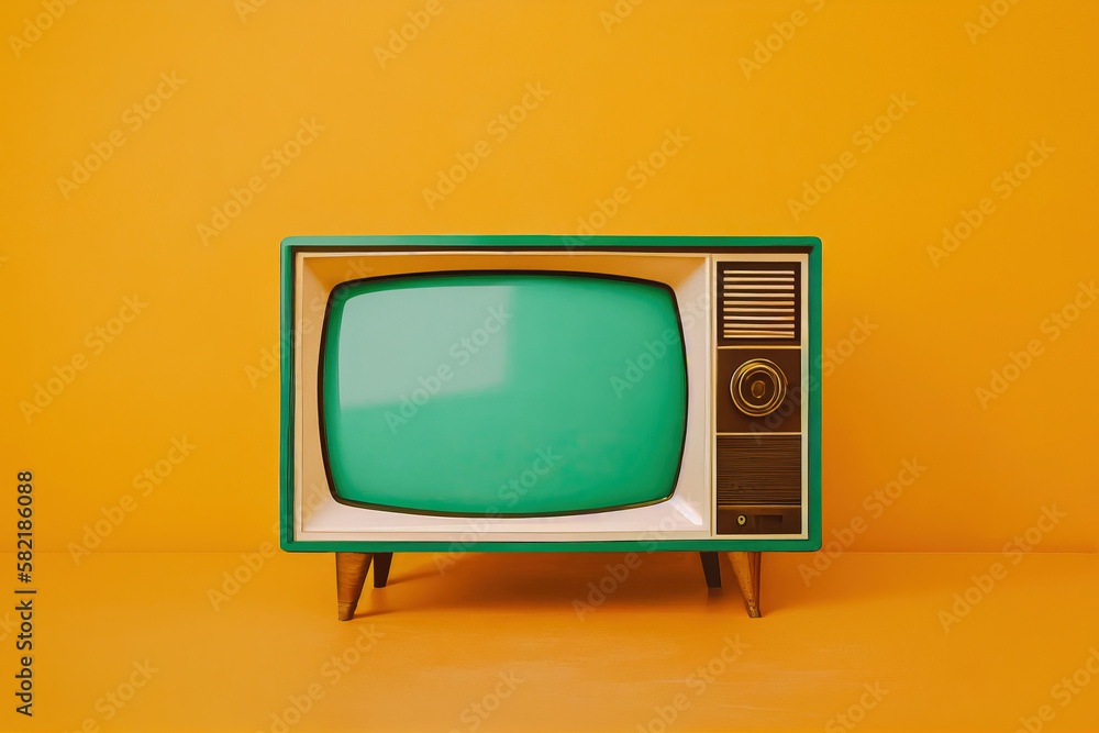 Old television on a yellow background. Generative AI