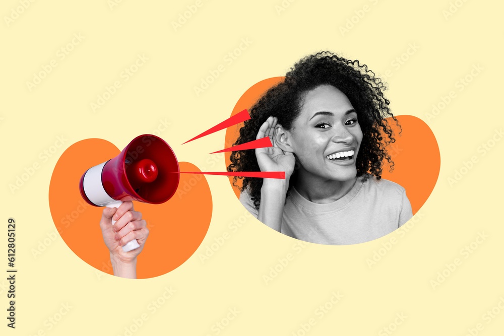 Poster banner collage of excited curious lady hear interesting rumors shocking amazing bargain news from bull horn
